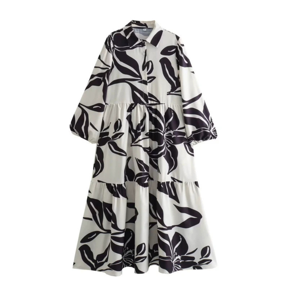 ZARA Autumn Long Sleeve Black White Ink Print Dress